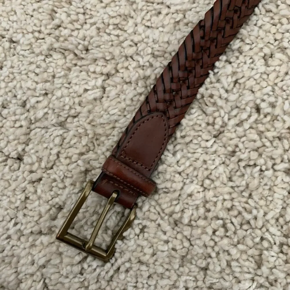 Lands’ End Leather Braided Belt Mens Sz 42 Brown Brass Buckle Adjustable